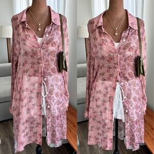 Soft Surroundings Miranda Tunic Sheer Floral Print Metallic Stripes High Low L